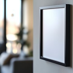 A black framed white picture hangs on a wall