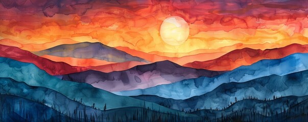 Wall Mural - Watercolor abstract sunset over rolling hills.