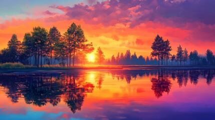 Wall Mural - Gorgeous lakeside scenery during a vibrant sunset. Water reflections from trees