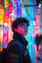 Wall Mural - A Young Man Bathed in Neon Light