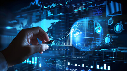 a hand drawing an upward trend line on a transparent screen, with various financial charts, including bar and line graphs, in the foreground
