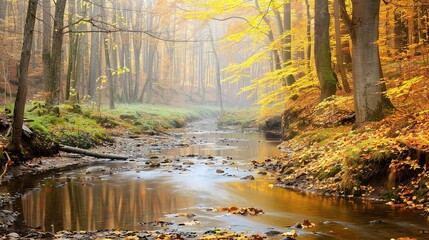 Wall Mural - Serene autumn morning along a calm stream in a forest with vibrant yellow and orange foliage