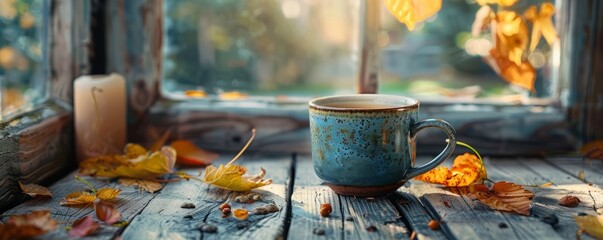 Warm autumn tea in a rustic mug