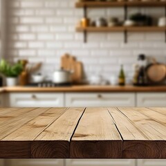 A wooden table with a kitchen in the background