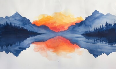 Wall Mural - A painting of a mountain range with a sunset in the background