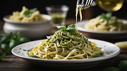 Wall Mural - Delicious Homemade Fettuccine Pasta With Fresh Basil Pesto Served on a White Plate in a Cozy Kitchen