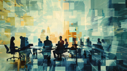 Wall Mural - Mixed business scenes collage with boardroom meetings, tech startups, and financial analysis.