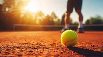 A tennis ball on a clay court, with a player and a sunset in the background, creates a peaceful atmosphere.