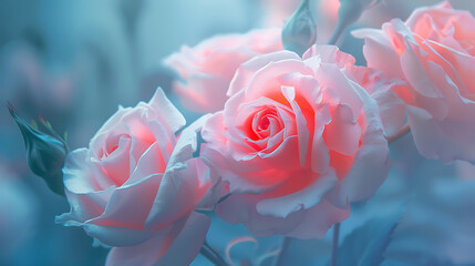 Wall Mural - a close-up of several roses with a soft focus. The colors transition from warm pink tones to cool blue hues, creating a dreamy and ethereal effect