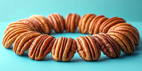 Detail of circular pattern of pecan nuts on blue background.