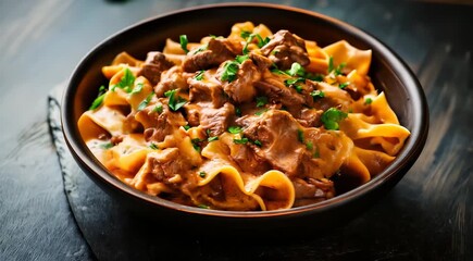 Poster - Traditional Hungarian food Beef Stroganoff. Tender beef cubes in creamy sauce over wide egg noodles, garnished with fresh parsley.