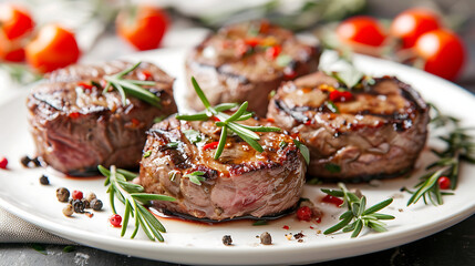 Poster - a close-up of four cooked steaks garnished with sprigs of rosemary, resting on a white plate. There are scattered herbs and spices around the steaks