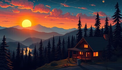 Wall Mural - Cabin in the Mountains at Sunset.
