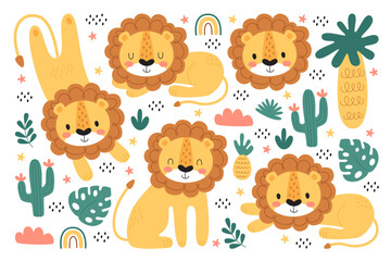 cute childish baby lion cartoon character set with jungle and african safari natural pattern