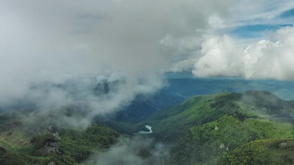 Wall Mural - Aerial view of clouds and lake in summer green mountains landscape, Montenegro, 4k