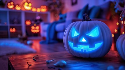 spooky halloween pumpkin with glowing blue eyes