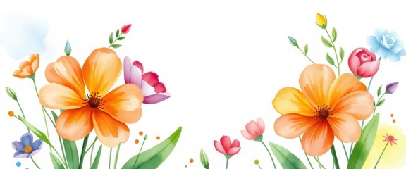 Sticker - Watercolor Floral Border with Orange Flowers.