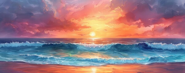 Wall Mural - A painting of a sunset over the ocean with a wave in the foreground