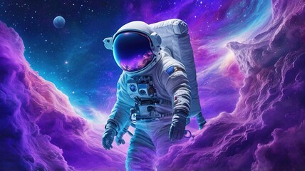 Wall Mural - An astronaut walks through the vast expanse of space, the colorful nebula swirling around them.