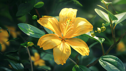 Wall Mural - a beautiful yellow flower with multiple petals and a prominent pistil, surrounded by green leaves. The flower is bathed in soft sunlight, creating a warm and tranquil atmosphere