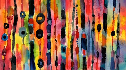 Sticker - Abstract watercolor painting with vertical lines in bright colors, featuring circles and dots.