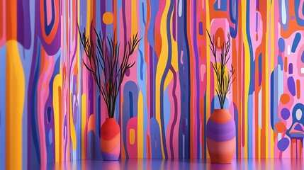 Two colorful vases with black branches against a bright abstract wall.