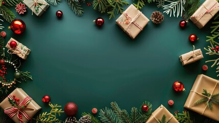 A festive frame of gifts, ornaments, and pine sprigs on a dark green background.