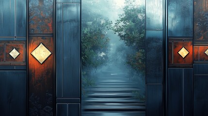 Poster - A mysterious path opens up through a fog-filled forest, framed by a wooden door with glowing diamond-shaped accents.