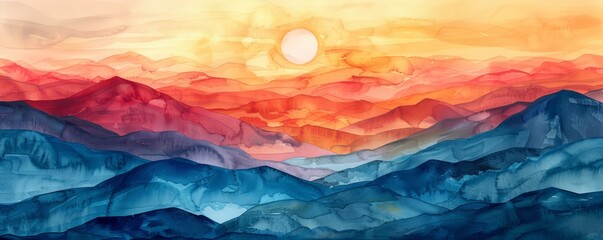 Wall Mural - Abstract desert landscape with vibrant sunset in watercolor.