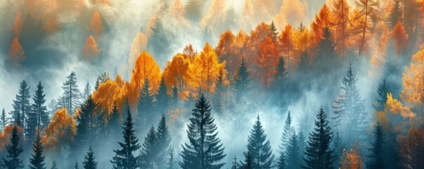 Wall Mural - Morning fog over an autumn forest