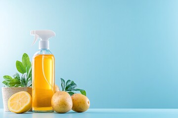 Natural Cleaning Products with Potatoes and Lemon on Blue Background