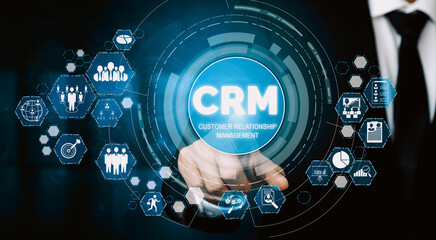 Wall Mural - CRM Customer Relationship Management for business sales marketing system concept presented in futuristic graphic interface of service application to support CRM database analysis. uds