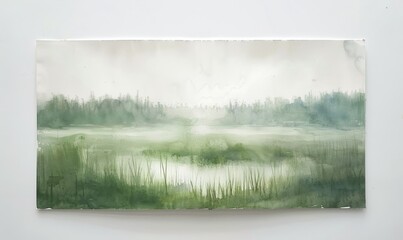 Wall Mural - A painting of a field with a pond in the middle