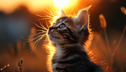 Wall Mural - In the warm sunset, a kitten looked up at the sky and showed a cute expression, its hair shining brightly under the sun.