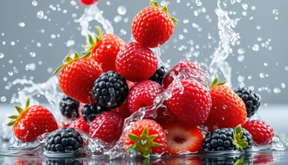 Wall Mural - Fresh Berries Splashing in Water.