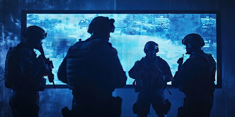 Digital storm front SWAT team briefs in front of a giant screen. Operation room.