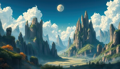 Sticker - Fantasy Mountain Landscape with River and Moon.