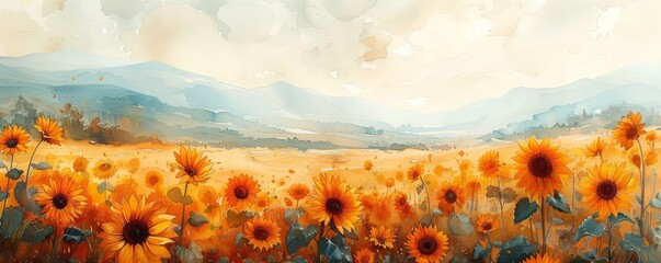 A painting of a field of yellow sunflowers with a blue sky in the background