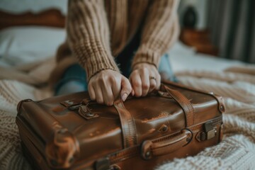 Wall Mural - A woman is standing next to her luggage, ready for travel