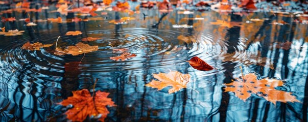 Wall Mural - Leaves floating in an autumn woodland pool