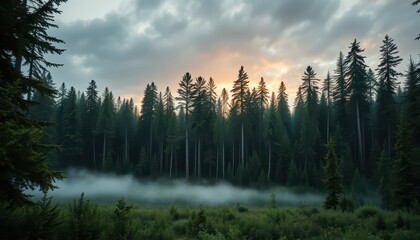 Wall Mural - Misty Forest at Sunset.