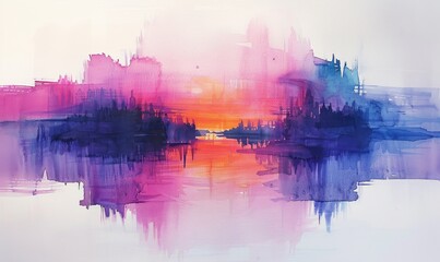 Wall Mural - Watercolor abstract twilight reflections on white.