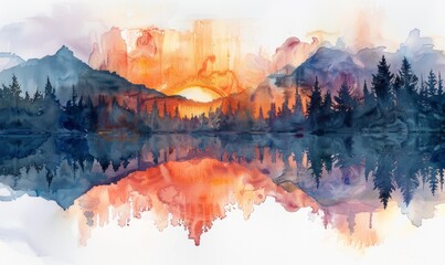 Wall Mural - Watercolor abstract twilight reflections on white.