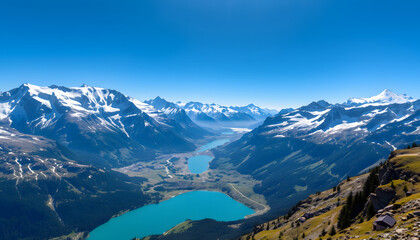 Wall Mural - Marvelous aerial view of Klausen Pass in Switzerland, showcasing the beauty of the large snow-capped mountains and their beautiful lakes isolated with white highlights, png