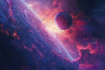 Wall Mural - Breathtaking Space Panorama with Vibrant Nebula and Distant Planet