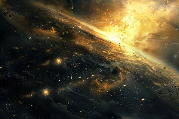 Wall Mural - Breathtaking cosmic landscape with glowing celestial bodies and swirling stardust