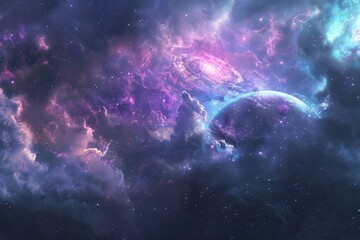 Wall Mural - Glowing Purple Nebula and Distant Planets in the Cosmos