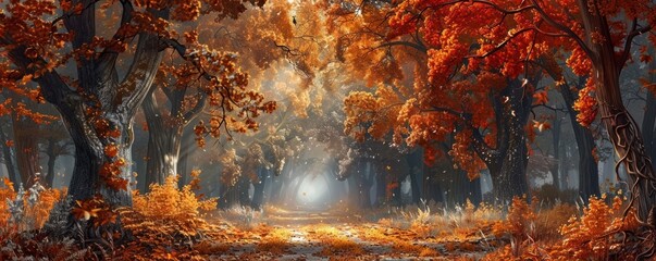 Wall Mural - Pathway through an autumn forest of oaks