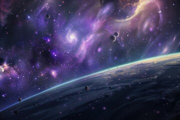 Wall Mural - breathtaking view of a distant planet with a starry night sky and colorful nebulae.