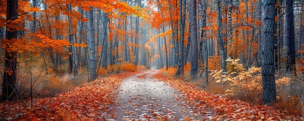 Wall Mural - Forest trail with a canopy of autumn leaves